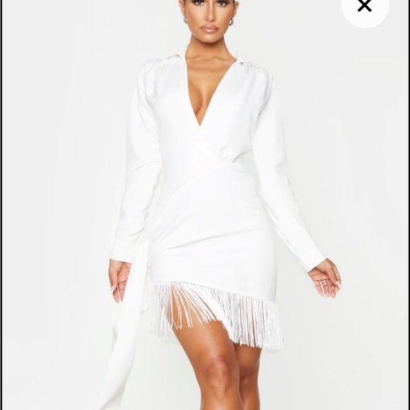 PrettyLittleThing | Dresses | Plus White Long Sleeve Tassel Hem Drape  Detail Bodycon Dress | Poshmark